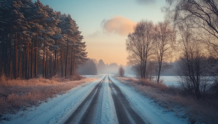 Winter landscape scenic view of a rural road surrounded by leafless trees in a serene settingの写真素材