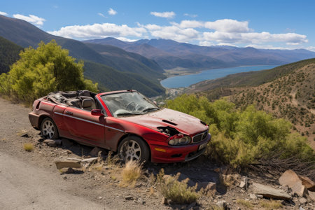 Sports car crashes on a scenic country road on a bright sunny day, car accident on rural highwayの写真素材