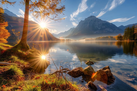 Breathtaking autumn sunset over hintersee lake on a sunny day, creating a mesmerizing view