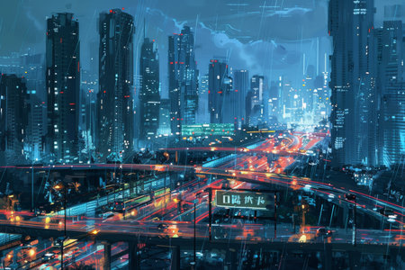 Urban night scene with expressway traffic over intersection road, cityscape with car transportationの写真素材
