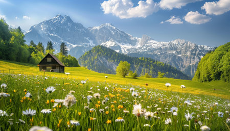 Springtime splendor idyllic alpine landscape with blooming meadows on a sunny dayの写真素材