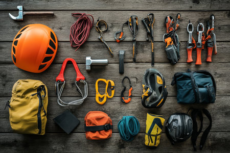 Climbing gear display helmet, hammer, carabiner, trekking shoes on wooden surfaceの写真素材