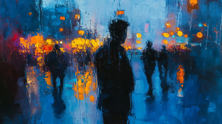 Cinematic abstract oil painting of an Asian man s silhouette reflected in rainy night window glassの写真素材