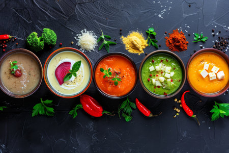 Vibrant vegetable cream soups on black stone background, top view with copy spaceの写真素材