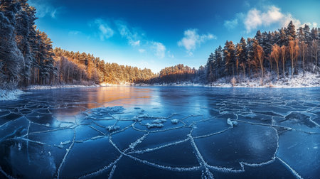 Stunning winter landscape featuring frozen lake, ice cracks, blue sky, and snow covered forest