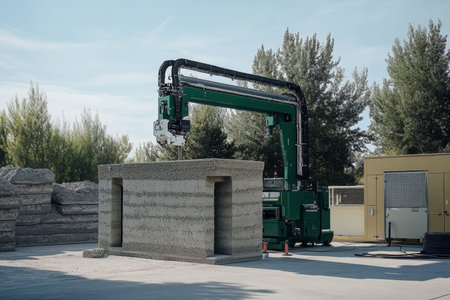 3d printed concrete wall construction with advanced laser cut machinery in a realistic setting