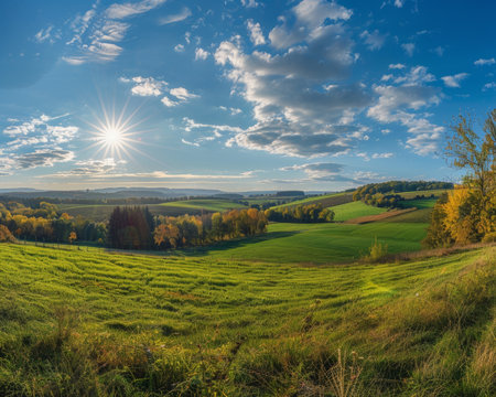 Sunny autumn rural idyll high quality panoramic view of picturesque countrysideの写真素材