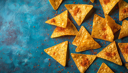 Delicious southwest seasoned crispy tortilla chips against a blue textured backdrop for snackingの写真素材