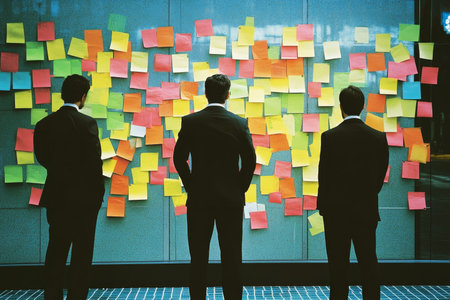 Businessmen engaged in collaboration and idea generation amidst a wall of sticky notes