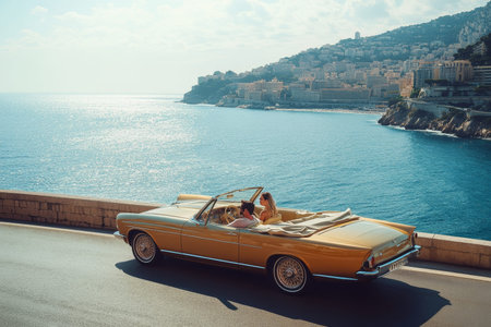Gold convertible cruising along the ocean in monaco on a bright sunny day with city backdrop