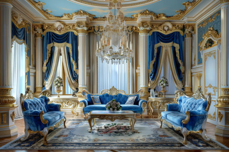 Opulent rococo drawing room in blue and gold with antique furnishings in a palace settingの写真素材