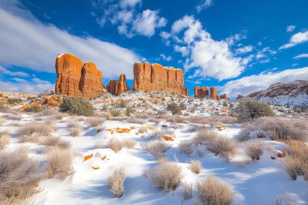 Surreal desert landscape featuring snow covered dunes, orange rock formations, and blue skyの写真素材