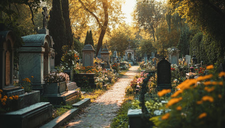 Exquisite cemetery adorned with marble tombstones and artistic statues in a serene settingの写真素材