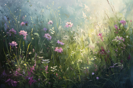 Tranquil spring symphony flowers and grass dancing in light and shadow, embodying seasonal serenityの写真素材