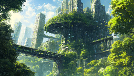 Futuristic eco city a digital anime artwork showing sustainable urban livingの写真素材