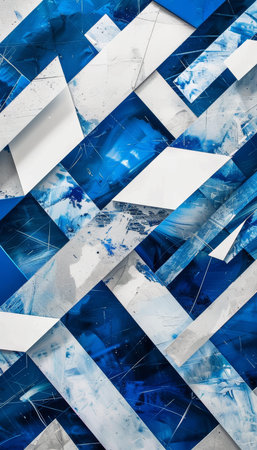 Abstract composition of intersecting blue and white diagonal layers with silver highlights