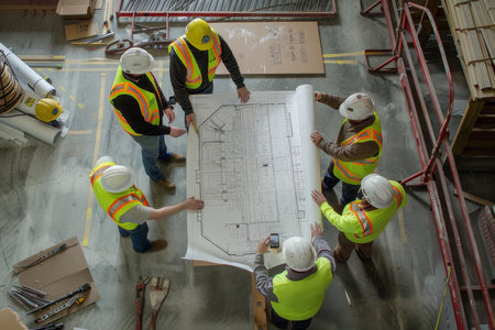 Construction workers reviewing blueprint in warehouse for new project with safety gear and toolsの写真素材