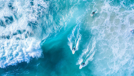 Aerial perspective of surfers riding ideal ocean waves in a thrilling surfing experienceの写真素材