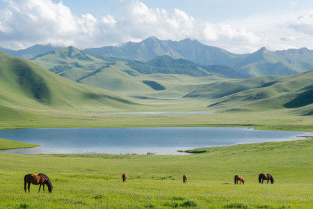 Scenic landscape of rolling mountains and a serene basin with grazing horses by a flowing streamの写真素材