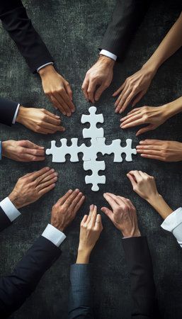 Collaboration and unity in business teamwork puzzle illustrated through a jigsaw conceptの写真素材