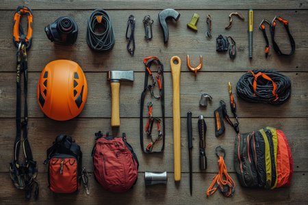 Climbing gear display helmet, hammer, carabiner, trekking shoes on rustic wooden surfaceの写真素材
