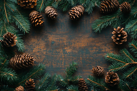 Christmas fir branches on rustic wood background for festive holiday composition and decor