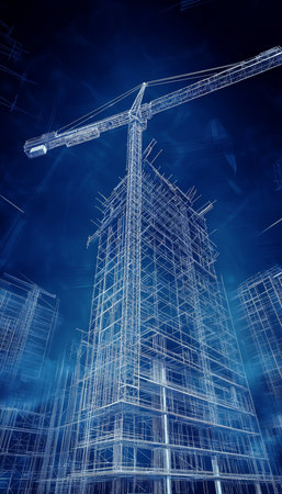 Photographic representation of a 3d blueprint showcasing building construction with a craneの写真素材