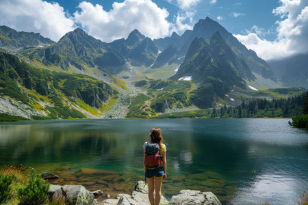 Exploring tatra mountains backpacker girl tourist in high quality image from poland s national park