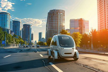 Advanced autonomous vehicle driving safely in urban area on sunny day, showcasing cutting edge techの写真素材