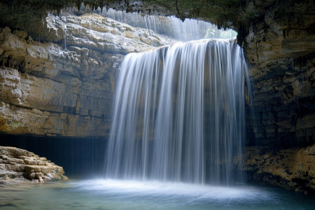 Sunlit cave waterfall stunning image of underground river cascading in sunlightの写真素材