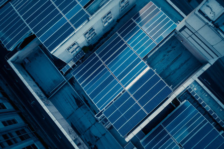 Sustainable energy concept aerial shot of green solar panels on industrial rooftop