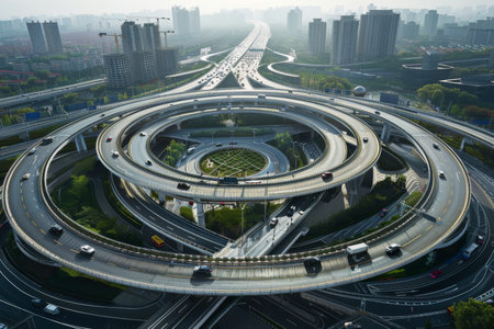 Multilevel junction ring road aerial view highway interchange with traffic, ai technology