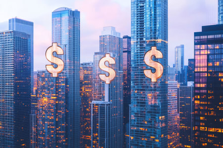 Modern urban skyline with dollar signs symbolizing profitable real estate investmentsの写真素材
