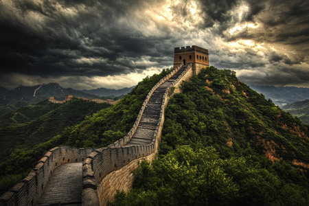 Dramatic view of the great wall of China under stormy skies a must visit travel destinationの写真素材