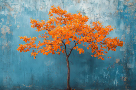 Artistic depiction of a tree with vibrant orange leaves against a striking blue backdrop