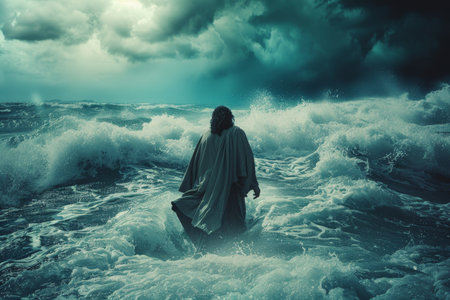 Biblical theme jesus walking on water in stormy sea, showcasing power and symbolic significanceの写真素材