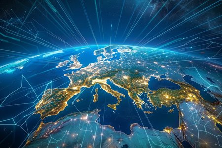 High quality europe physical map with global communication symbols on technological backgroundの写真素材