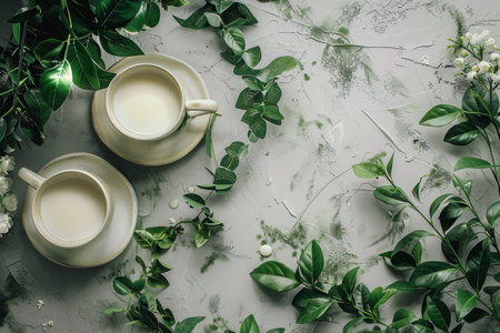 Delightful homemade green tea latte elegantly presented on a charming rustic wooden tableの写真素材
