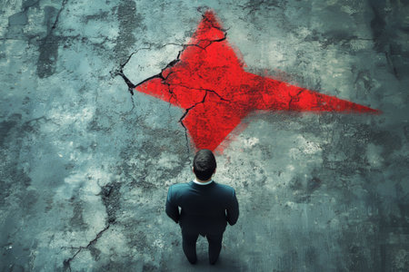 Businessman in distress reflecting on a declining trend as a red arrow pierces the concreteの写真素材