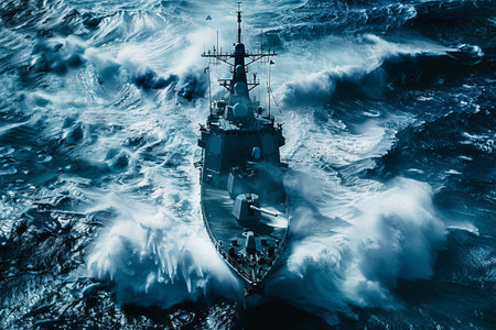 Advanced navy destroyer patrolling stormy seas defense and security operations at seaの写真素材