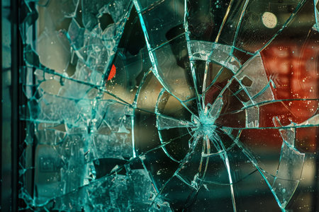 High quality image of a vandalized office window with shattered glass in close up view