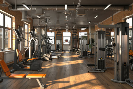 Contemporary gym interior featuring high quality fitness equipment in a fitness centerの写真素材