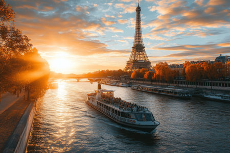 Eiffel tower glows at sunset over the seine, framed by tourist cruises in the heart of parisの写真素材