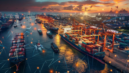 Global trade mapping of shipping routes and supply chain logistics intricacies in high quality imageの写真素材