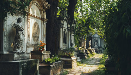 Elegant cemetery featuring luxurious marble tombstones and ornate statues in serene atmosphereの写真素材