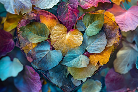 Watercolor heart of leaves and flowers, merging nature and emotions beneath a bright skyの写真素材
