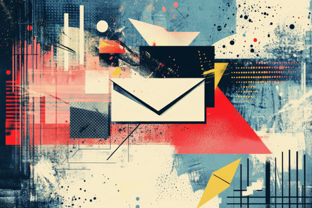 Trendy halftone collage email marketing, contacts, and finance in modern retro styleの写真素材