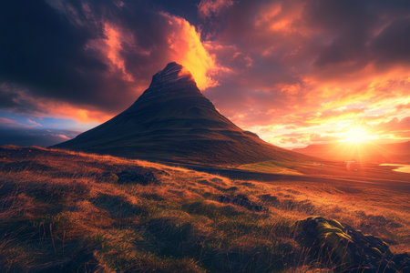 Iceland spring sunset panorama of kirkjufell in breathtaking landscape photographyの写真素材