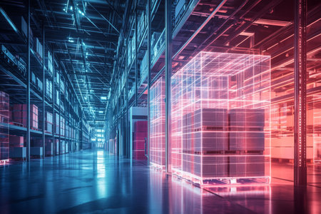 Advanced warehouse featuring holographic storage systems for enhanced logistics and technology useの写真素材