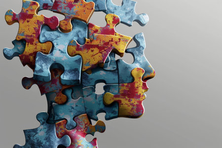 Silhouette of head with puzzle pieces symbolizing adhd and mental health strugglesの写真素材